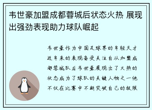 韦世豪加盟成都蓉城后状态火热 展现出强劲表现助力球队崛起